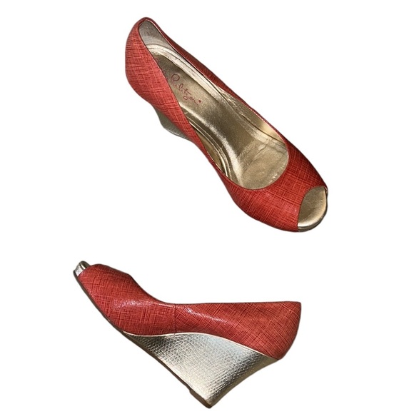 Lilly Pulitzer Resort Chic Distressed Metallic Gold Wedges in Island Coral - 6 - Picture 2 of 14